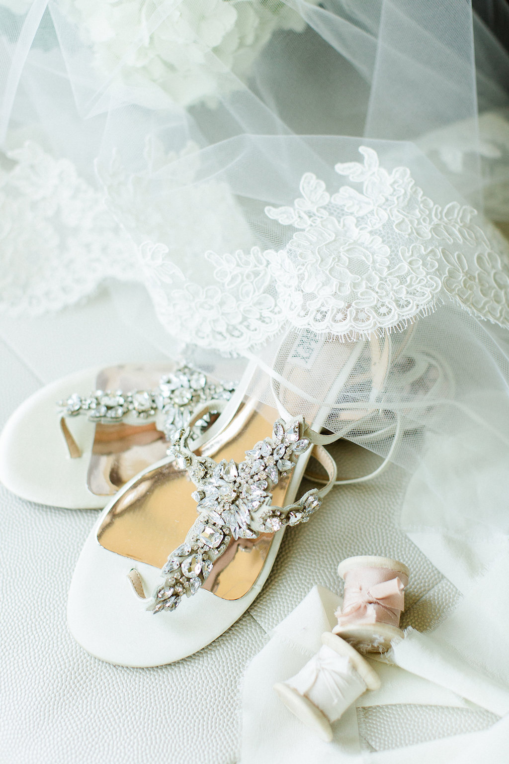 Badgley Mischka White Jeweled Flat Strappy Sandal Wedding Shoes