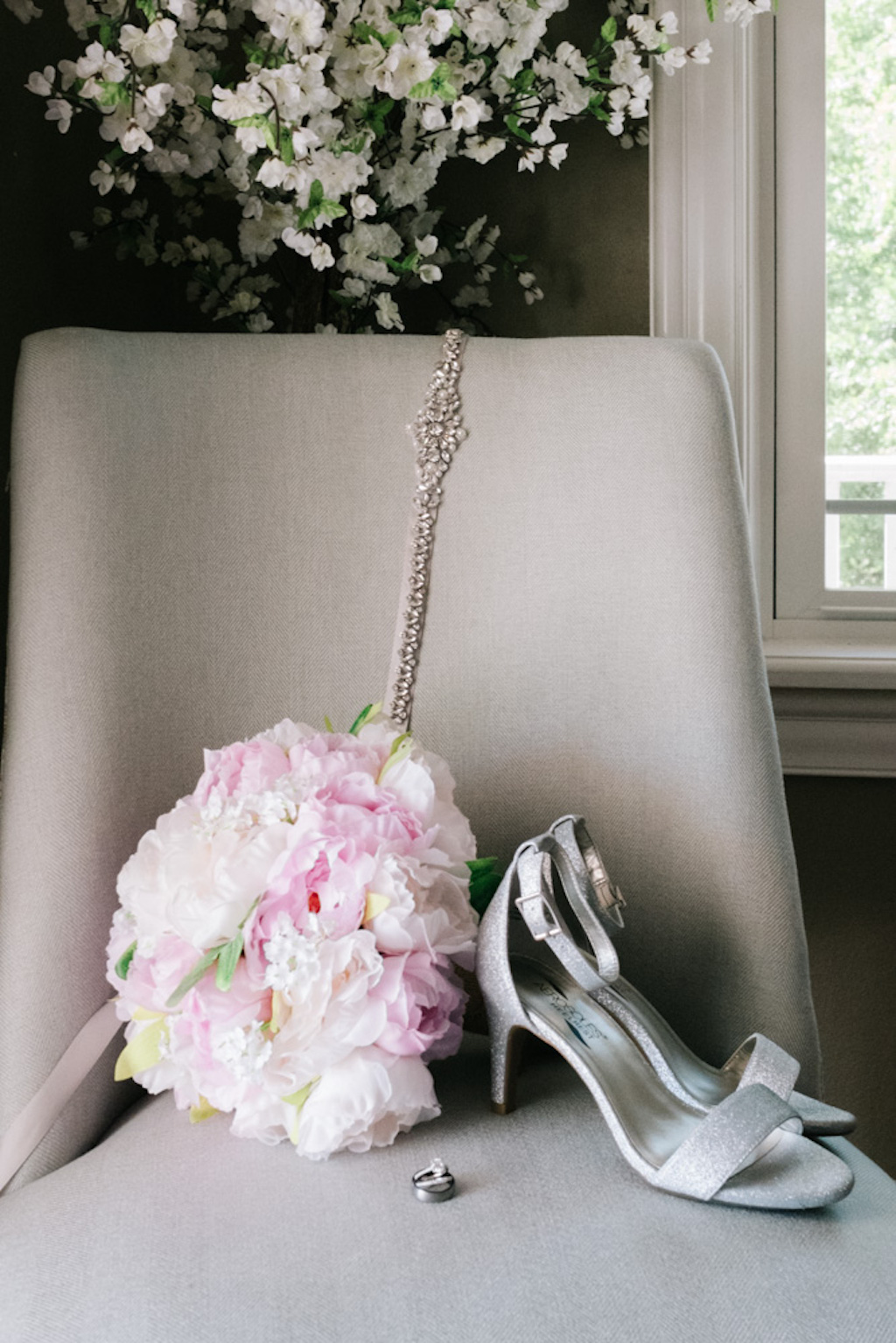 Pink Wedding Bouquet with Silver High Heels