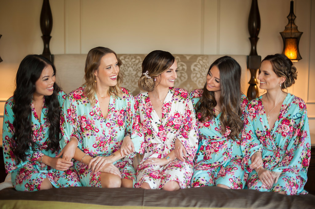Wedding Bridal Party Getting Ready Portrait in PInk and Cream and Blue Floral Silk Robe