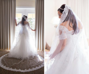 Bridal Portrait in Lace Off the Shoulder Sleeve Pronovias Wedding Dress with Long Lace Trimmed Veil