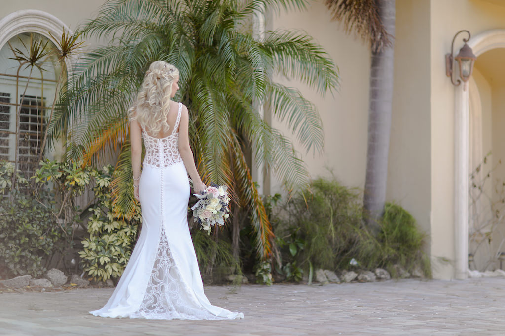 Outdoor Bridal Portrait in Lace Illusion Back Wedding Dress with BLush Pink, White Rose and Greenery Bouquet | Tampa Bay Photographer Lifelong Photography Studio