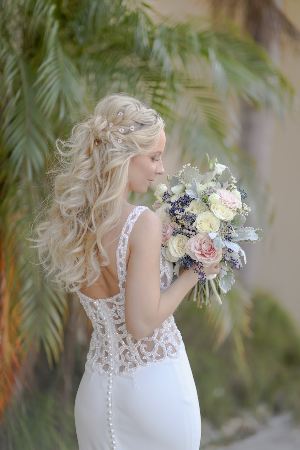 Outdoor Bridal Portrait in Lace Illusion Back Wedding Dress with BLush Pink, White Rose and Blue Berry Greenery Bouquet | Tampa Bay Photographer Lifelong Photography Studio