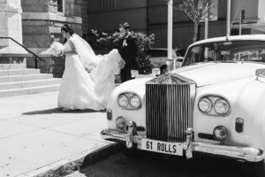 Bride Arriving At Downtown Church Wedding Portrait with Vintage Rolls Royce Car | Tampa Wedding Photographer Marc Edwards Photographs