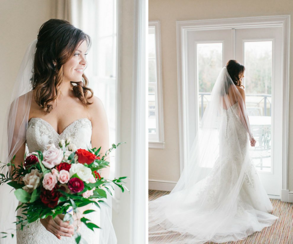 Indoor Bridal Portrait in SIlver Beaded Strapless Mermaid WEdding Dress with Pink, White, and Red Rose with Greenery Bouquet