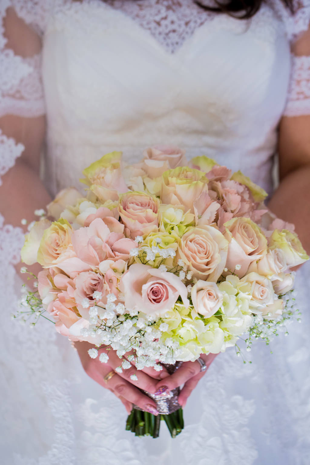 Bridal Portrait with Yellow Floral, White Baby's Breath and Pink Rose Bouquet | Tampa Bay Wedding Florist Gabro Event Services