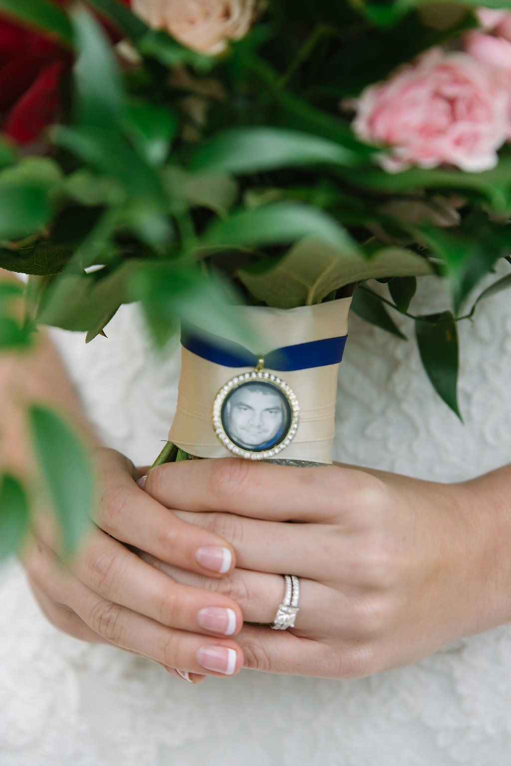 Bridal Portrait with Bouquet and Memory Photo Locket on Navy Blue Ribbon