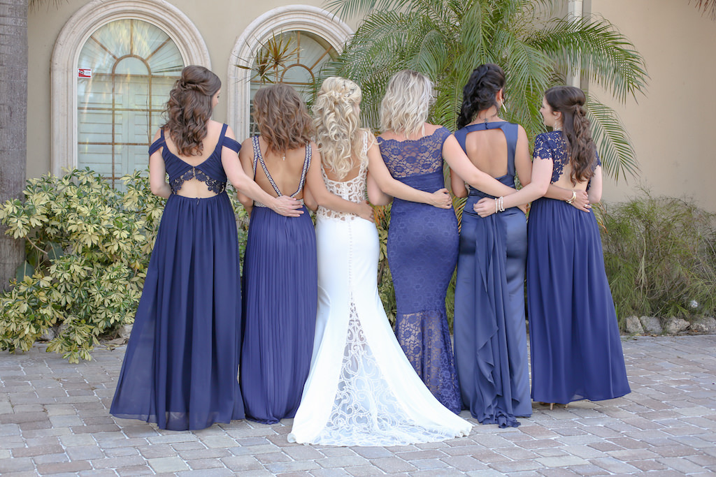 Outdoor Garden Bridal Party Portrait, Bride in Illusion Lace Back Column Dress, Bridesmaids in Mismatched Purple Blue Dresses | Tampa Bay Photographer Lifelong Photography Studios