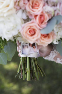 Bridal Pink Rose and White Floral With Greenery Bouquet Portrait with Rhinestone Square Framed Memory Lockets | Sarasota Wedding Photographer Djamel PHotography