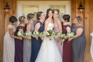 Bridal Party Portrait, Bridesmaids in Matching Lace Mauve, Gray, Dusty Rose Pink, Purple, and Merlot Red Lace Sleeve Dresses, Bride in Lace Strapless Davids Bridal Wedding Dress, with Red and White Rose with Babys Breath and Greenery Small Wedding Bouquet