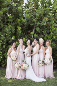 Outdoor Garden Wedding Party Portrait, Bride in Illusion Back Long Sleeve Lace Column Brides By Demetrios Wedding Dress, Bridesmaids in V Neck Belted Blush PInk Vera Wang Dresses, with White and PInk Rose with Greenery Bouquet | Sarasota Wedding Photographer Djamel Photography