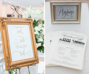 Elegant Outdoor Wedding Ceremony Welcome Sign In Gold Frame, Infographic Illustrated Black and White Programs, and White Rose and Florals with Greenery | Tampa Bay Wedding Planner Special Moments Event Planning | Florist Apple Blossoms Floral Designs