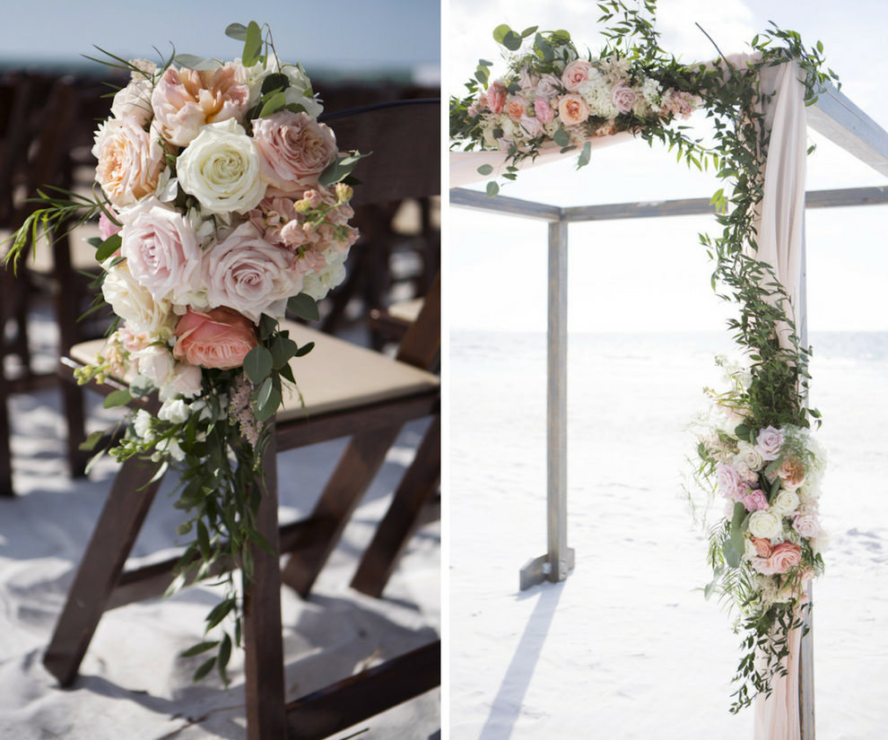Siesta Beach Wedding Ceremony Decor with Wood Folding Chairs, Peach, BLush, and White Rose with Natural Greenery Florals, and Ceremony Arch