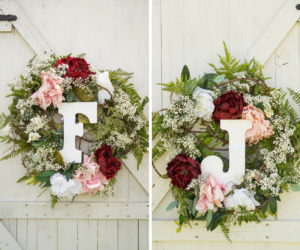 Rustic Wedding Decor Red, BLush PInk and WHite with Greenery and Ferns Floral Wreath on White Barn Door, with Oversized Initials