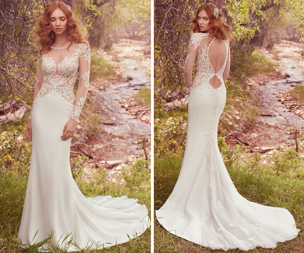 Maggie Sottero Blanche Lace Keyhole Back Wedding Dress with Illusion Sleeves | Nikki's Glitz and Glam Bridal