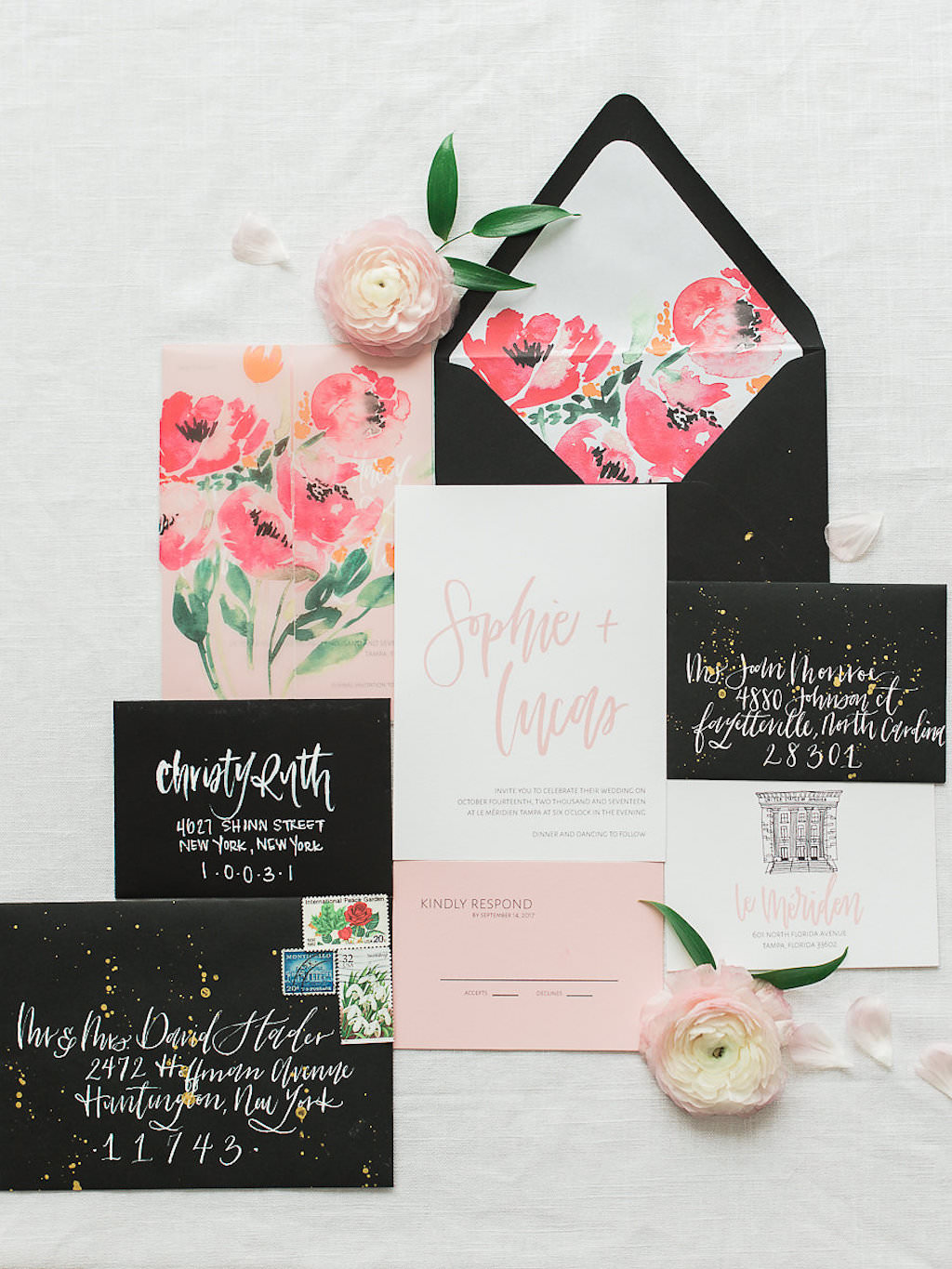 Kate Spade Inspired Black and White with Blush Stlish Wedding iNvitation Suite with Watercolor Florals and Gold Paint Splatter