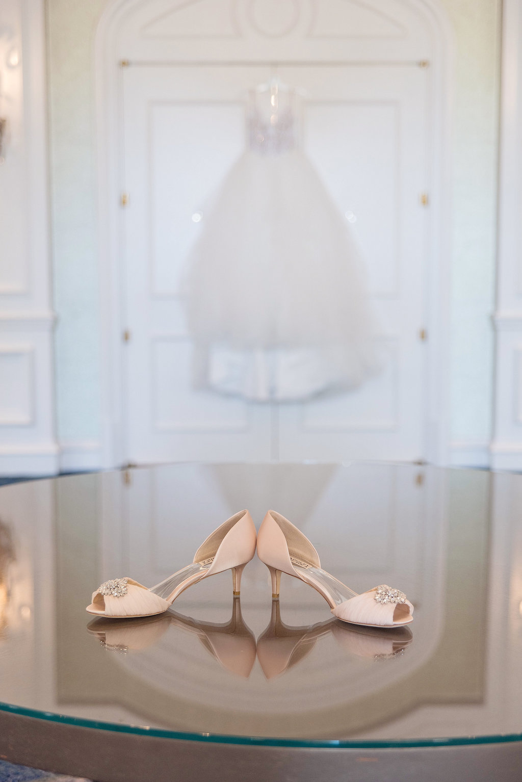 Peep Toe Blush Pink Wedding Shoes with Rhinestone, Hayley Paige Ballgown Dress on Hanger