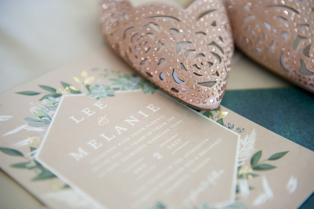 Beige and Sage Green Botanical Geometric White printed Wedding Invitation with Rose Cutout Leather Sequin Pointed Toe Wedding Shoes