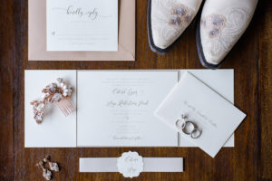 Rose Gold Bridal Jewelry and Hair Comb with Stylish Script white and SIlver and Pink WEdding Invitation Suite, and White Embroidered Cowboy Boots