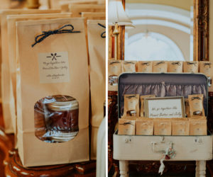 Vintage Southern Brown Bag of Jam and Edible Treats Wedding Favor with Blue String and Printed Sticker in Vintage Suitcase | Tampa Bay Wedding Planner Special Moments Event Planning