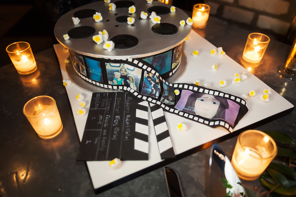 Custom Personalized Film Reel Groom's Cake with Clapperboard and Popcorn
