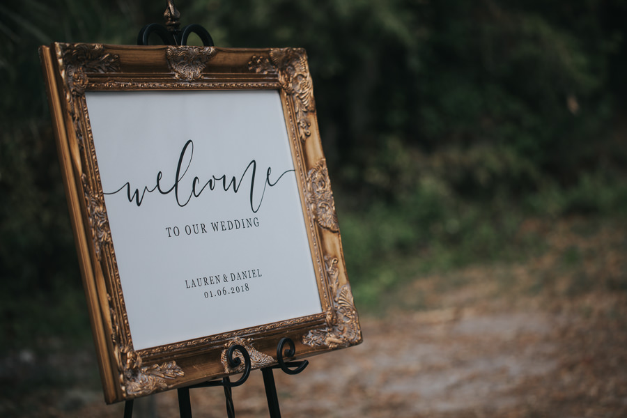 Gold Framed Elegant Printed Script Black and White OUtdoor Wedding Ceremony Welcome Sign