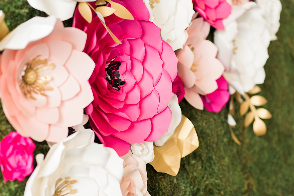 Kate Spade Inspired Laser Cut Paper Flower Wedding Decorations in Blush Pink, White, Magenta and Gold on Moss Wall