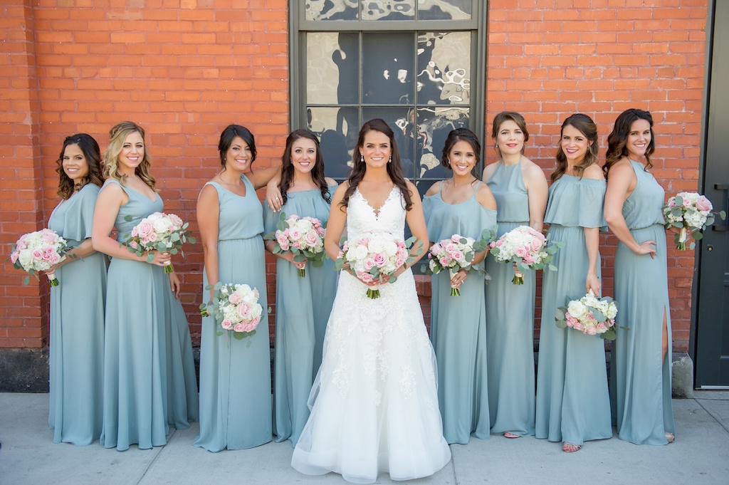 Outdoor Downtown Bridal Party Portrait, Bride in Sweetheart A Line Wedding Dress with White and Pink Rose with Greenery Bouquet, Bridesmaids in Mismatched Sage Green Show Me Your Mumu Dresses | Tampa Wedding Photographer Andi Diamond Photography