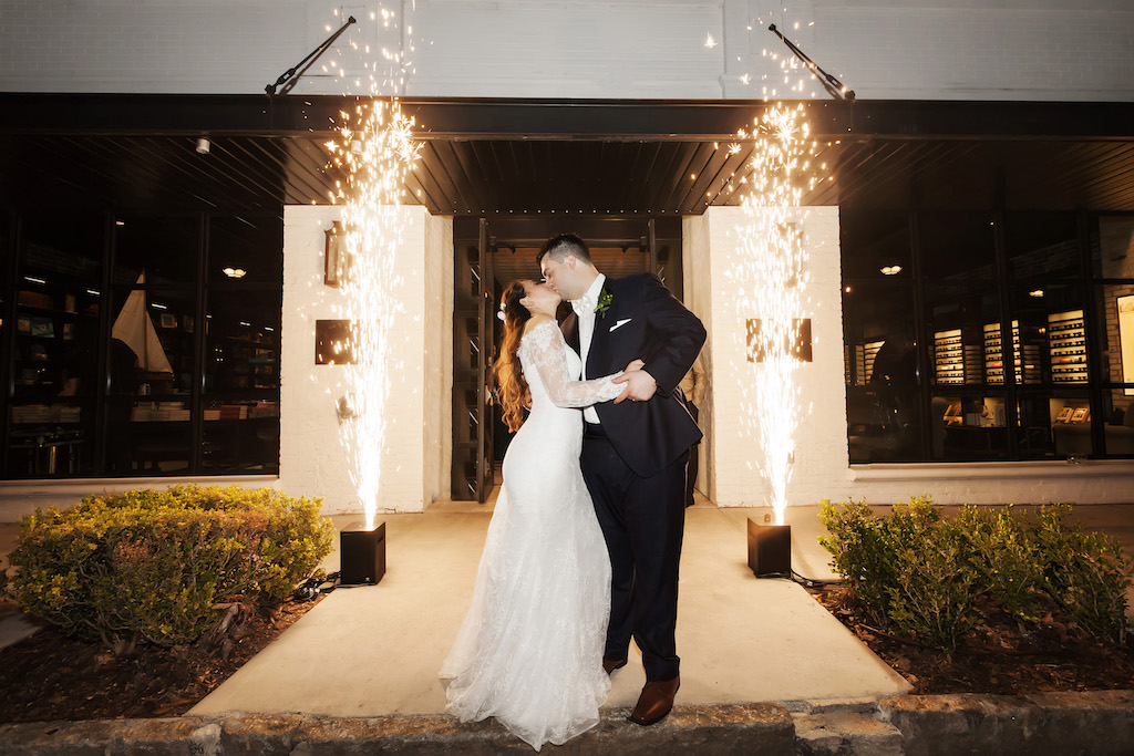 Bride and Groom Wedding Exit with Sparkler Fountain, Bride in Long Sleeve Lace Dress, Groom in Navy Blue Suit
