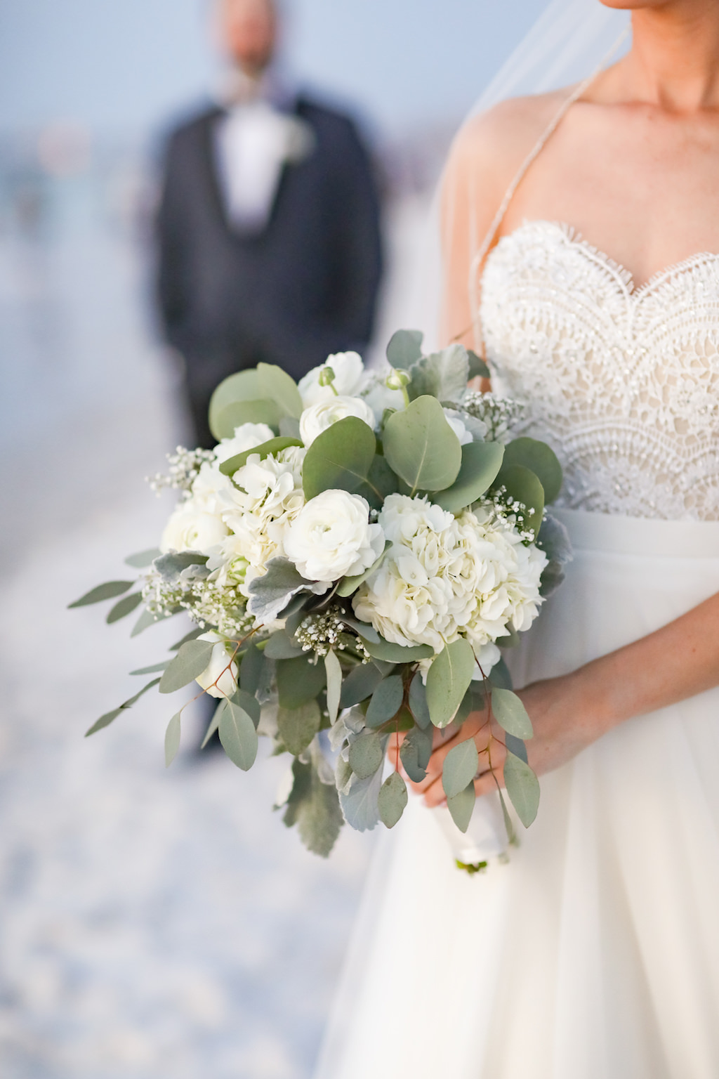 Outdoor Beach Wedding Portrait, Bride in Lace and Beaded Ivory Bodice Wtoo Bridal Strapless Dress with White Floral and Greenery Bouquet | Tampa Bay Wedding Photographer Lifelong Studios Photography