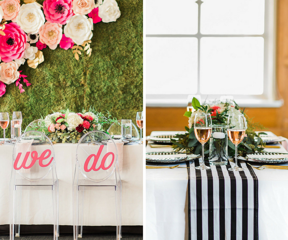 Hotel Ballroom Kate Spade Inspired Wedding Reception with Laser Cut Paper Flower Wedding Decorations in Blush Pink, White, Magenta and Gold on Moss Wall, White Linen Sweetheart Table with Armless Oval Ghost Chairs with We Do Oversized Letter Signs, White and Red Low Centerpiece with Greenery, Black and White Striped Table Runner and Black Chargers and Gold Flatware | Downtown Tampa Historic Hotel Venue Le Meridien | Rentals Kate Ryan Linens and Event Rentals