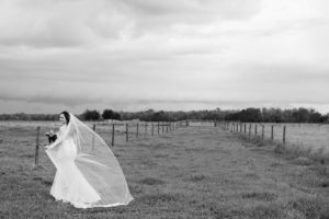 Outdoor Farm Wedding Bridal Portrait in Strapless Trumpet Dress with Long Comb Veil