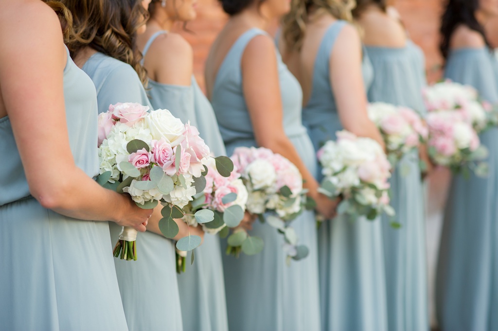 OUtdoor Wedding Ceremony Bridesmaids Portrait in Mismatched Sage Green Show Me Your Mumu Dresses, with Pink and White Rose Bouquet with Greenery | Tampa Bay Wedding Photographer Andi Diamond Photography