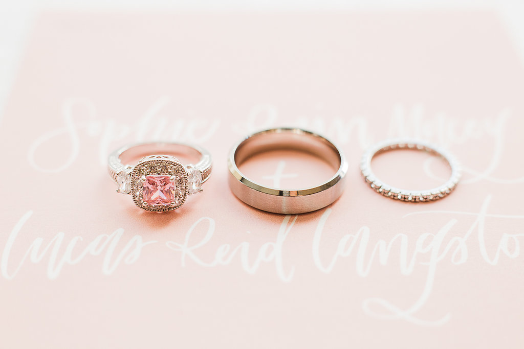 Rose Gold Pink Gem Engagement Ring and Diamond Wedding Band