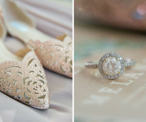 Rose Cutout Leather Sequin Pointed Toe Wedding Shoes and Round Diamond Band Engagement Ring