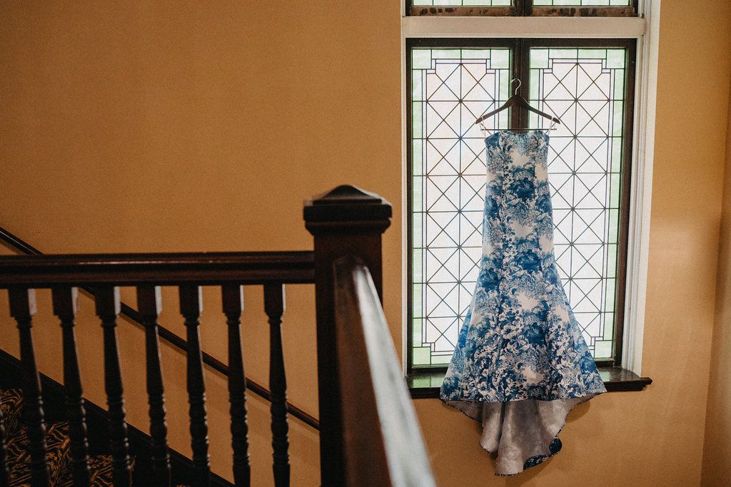 Custom Blue and White Floral Strapless Mermaid Wedding Dress on Hanger