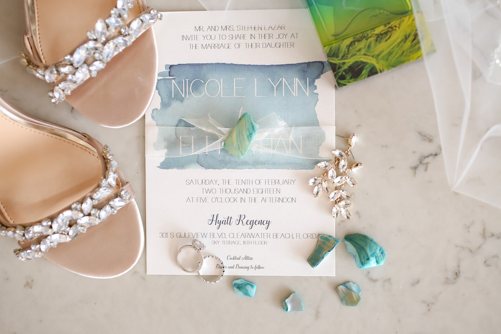 Modern Beach Wedding Jeweled Open Toe Bridal Sandals Wedding Shoes, Diamond Wedding Band and Engagement Ring, Leaf Pattern Chrystal Earrings, and Watercolor Blue and White WEdding Invitation