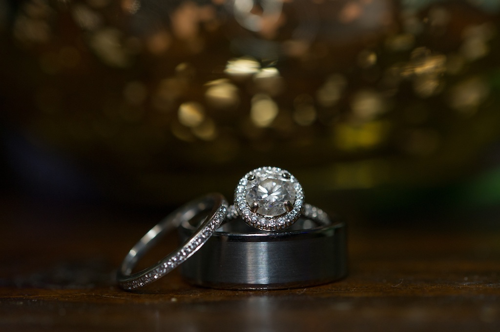 Diamond Wedding RIng, Round Engagement Ring, and Brushed Mens Wedding Band