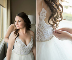 Bride Getting Ready Portrait in Spaghetti Strap V Neck Lace Bodice Ballgown Hayley Paige Wedding Dress | Tampa Bay Wedding Photographer Kristen Marie Photography