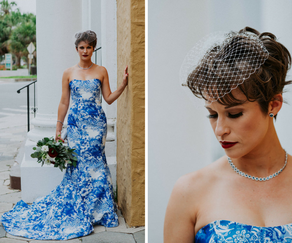 Outdoor Bridal Portrait in Custom Blue and White Floral Strapless Mermaid Wedding Dress with Birdcage Veil and Burgundy and White Floral with Greenery Bouquet | Tampa Bay Wedding Photographer Grind and Press Photography | St Pete Hair and Makeup Michele Renee The Studio | Florist Apple Blossoms Floral Designs