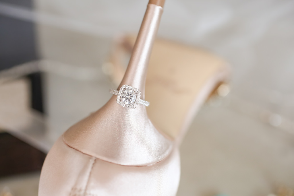 Square Engagement Ring with Diamond Band on Blush Wedding Shoe Stiletto