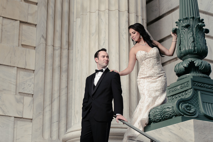 Outdoor Architectural Wedding Portrait, Bride in Floral Champagne Strapless Mermaid WEdding Dress, Groom in Black Tuxedo | Downtown Tampa Hotel Accommodations Le Meridien