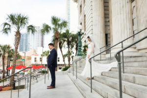 Outdoor Downtown Tampa First Look Portrait, Bride in Long Sleeve Illusion Lace Dress | Tampa Bay Hotel Wedding Venue and Accommodations Le Meridien