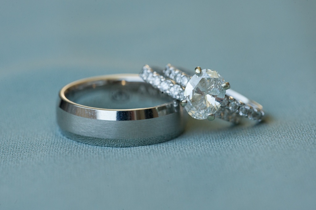 Oval Diamond Engagement Ring and Wedding Band and Silver Men's Ring