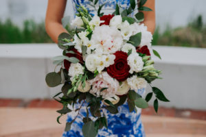 Red Rose, White Floral and Greenery Bridal Bouquet, Bride in Blue and White Dress | Tampa Bay Wedding Florist Apple Blossoms Floral Designs | St Pete Photographer Grind and Press Photography