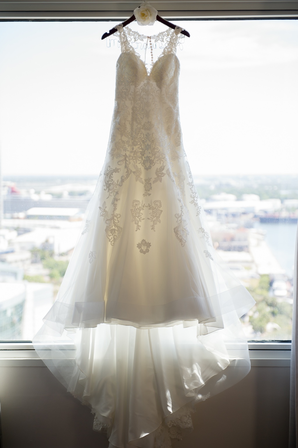 Illusion Lace Open Back Sweetheart A Line Wedding Dress on Flower Hanger