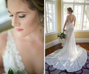 Bride Getting Ready Portrait in Open Back Illusion Lace A Line Paloma Blanca Dress, with Burgundy, White Floral and Thistle Bouquet with Natural Greenery | Tampa Bay Wedding Photographer Andi Diamond Photography | Palmetto Hair and Makeup Femme Akoi Beauty Studio