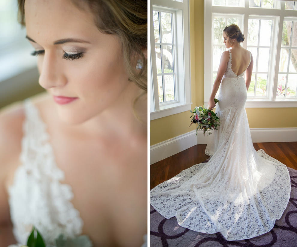 Bride Getting Ready Portrait in Open Back Illusion Lace A Line Paloma Blanca Dress, with Burgundy, White Floral and Thistle Bouquet with Natural Greenery | Tampa Bay Wedding Photographer Andi Diamond Photography | Palmetto Hair and Makeup Femme Akoi Beauty Studio