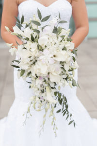 Outdoor Wedding Portrait, Bride in Strapless Belted Mermaid David's Bridal Dress, with White FLoral and Greenery Bouquet