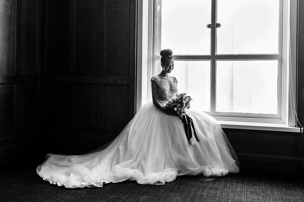 Indoor Bridal Portrait, Bride with Bun Updo, Beaded Bodice Wedding Dress with Full Layered Skirt