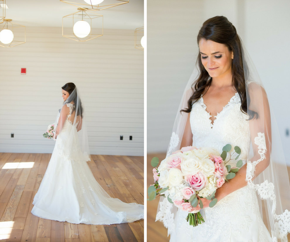 Indoor Bridal Portrait in Open Back Lace Sweetheart A Line Wedding Dress with Long Lace Edged Comb Veil and White and Pink Rose with Greenery Bouquet | Tampa Wedding Photographer Andi Diamond Photography